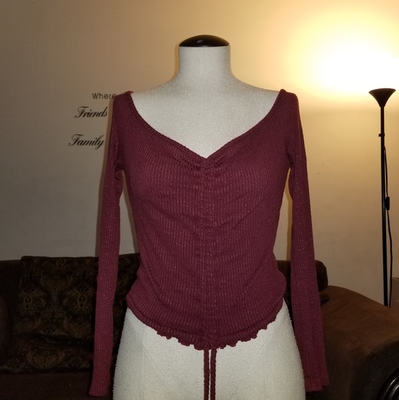 chocolate Tops - Burgundy slight off-the shoulder long sleeve top